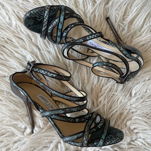 Jimmy Choo Vargo Strappy Snake-Embossed Leather Blue Teal Heeled Sandals Size 38 - Picture 1 of 10